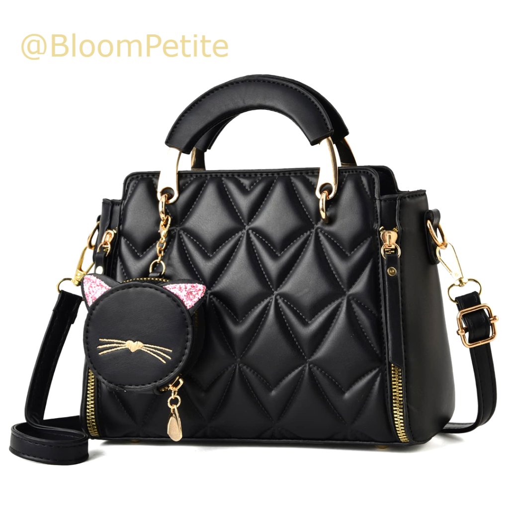 Faux Leather Crossbody Satchel With Kitten Purse Pendant